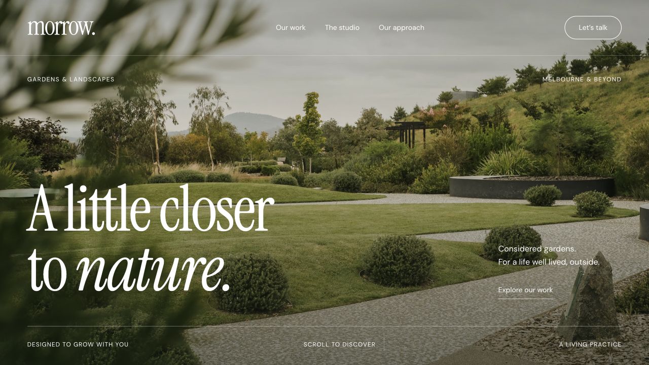 Morrow website: a garden landscape with the headline A little closer to nature.